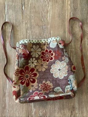 Handmade distressed Embroidered Floral leather strap Backpack - Burgundy & Tan